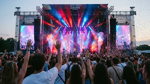 Escenario de festival de música con gran afluencia de público