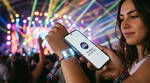 Smartphone leyendo una pulsera NFC en la muñeca de una asistente en un festival