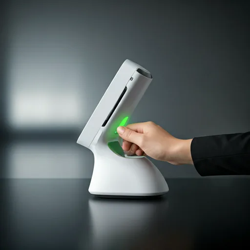 Terminal TPV blanco moderno leyendo una pulsera NFC con indicador verde